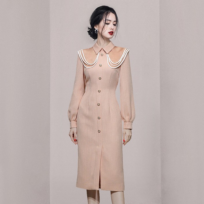 봄과 가을 원피스 가을과 겨울 새로운 옷깃 슬리밍 트위드 분할 여성을위한 한 단계 원피스