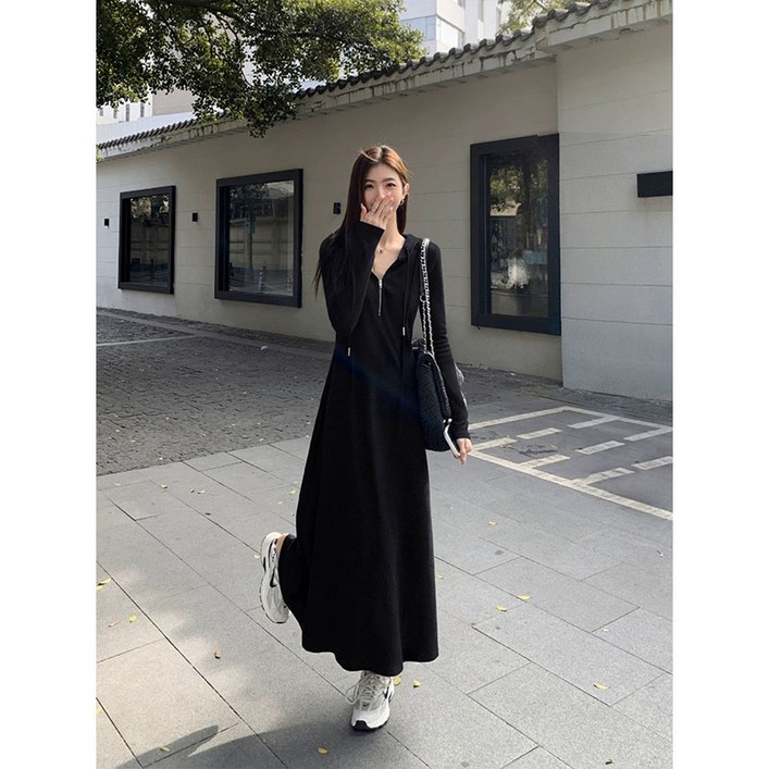 BLACK K7 여성용 슬림핏 패션 집업 긴팔 후드 롱 니트원피스