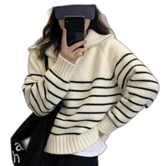여성 여자 스트라이프 카라티 하프집업 긴팔 니트 티 셔츠