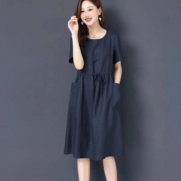 에쥬아 여성 루즈핏 반팔 원피스 라운드넥 린넨 원피스