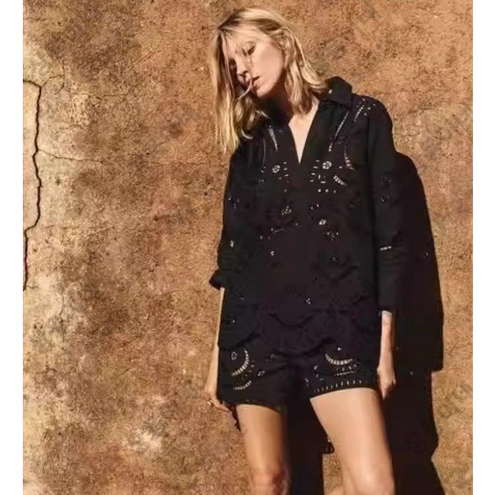 자라 여성 셔츠 반바지 세트 펀칭 자수 카라 블랙 투피스 ZARA 4786061 자라 여성 셔츠 반바지 세트 펀칭 자수 카라 블랙 투피스 ZARA 4786061