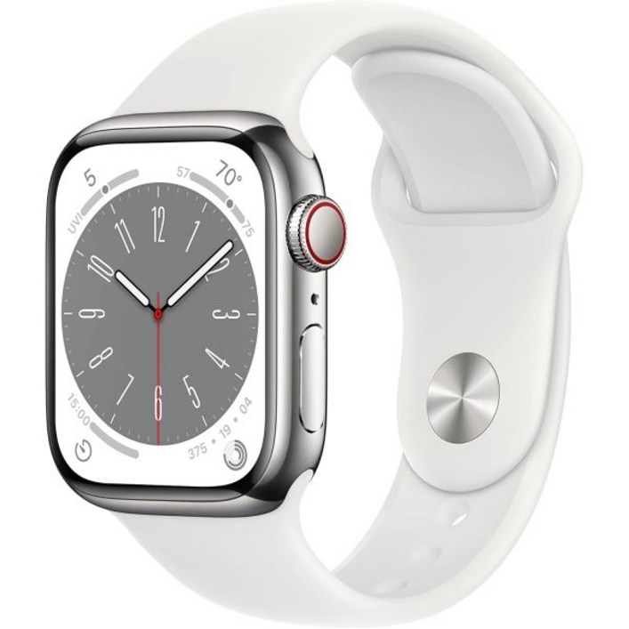 Apple Watch 시리즈 8(GPS + 셀룰러, 41mm) - 흰색 스포츠 밴드 M/L이 포함된 실버 스테인리스 스틸 케이스(갱신)