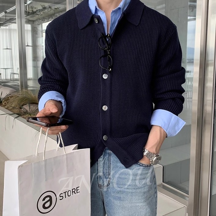 ANYOU 남성용 니트 긴팔 루즈핏 칼라 가디건 패션 코트