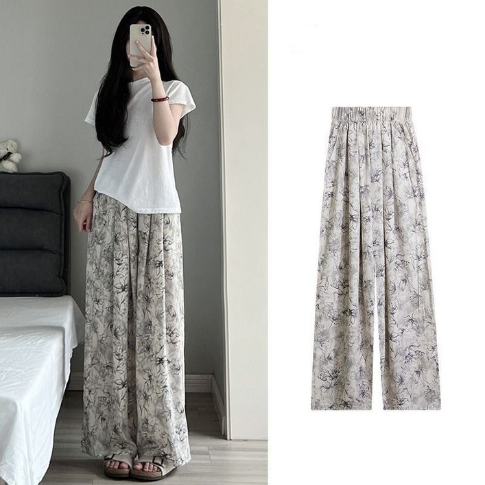 lofei 여성 여름 플라워 프린트 루즈핏 와이드 롱팬츠