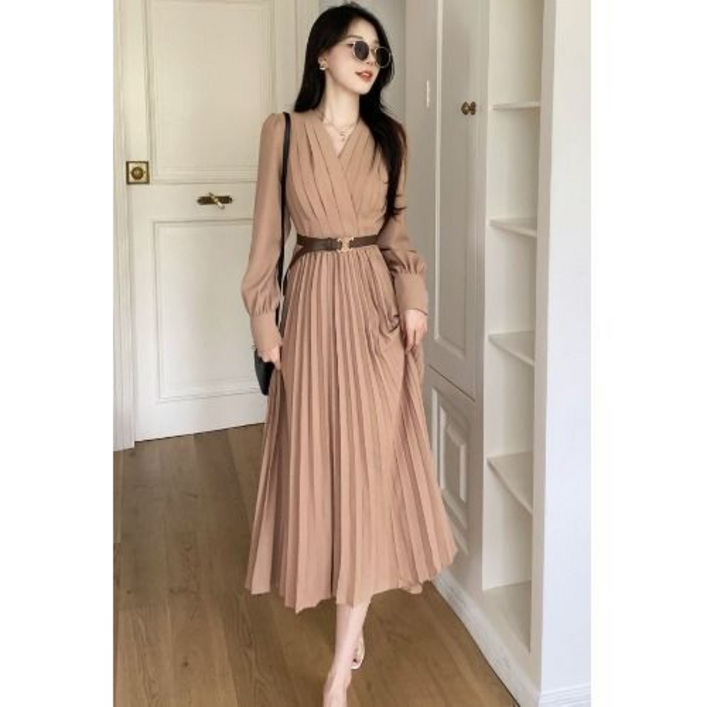 COSYEVNO 여성용 플리츠 롱 원피스 벨트 포함 봄 가을 LFHnslyq5