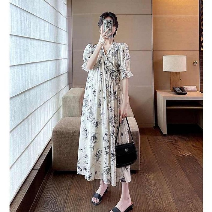 원피스 린넨  모니카 플로우 루즈핏 롱 버튼 브이넥 여름
