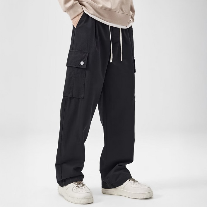 루크 남성 봄가을 와이드 밴딩 카고 팬츠 밀리터리 스트링 조거 스판 일자 바지 빅포켓 캐주얼 건빵 주머니 배기 패션