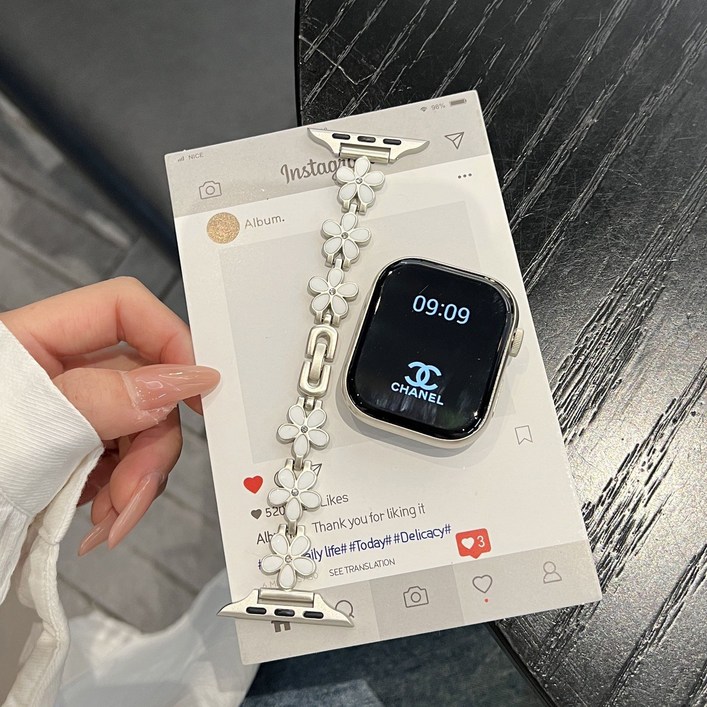 이사로 애플워치 플라워 메탈 스트랩 SE2 10세대 호환 밴드, 실버체인 / 화이트, 1개