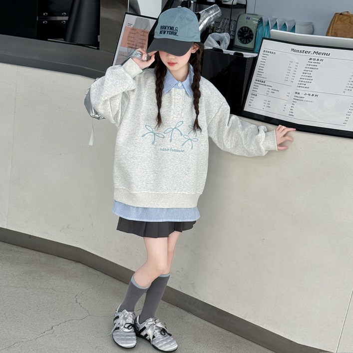 밀크봉봉 여아 초등학생 중학생 페이크 투피스 자수 맨투맨