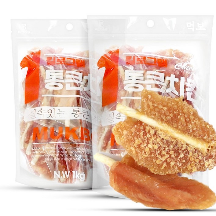먹보 강아지 대용량 실속 상품 치킨 오리 육포 간식, 2개, 1kg, 치킨 숯불 닭갈비