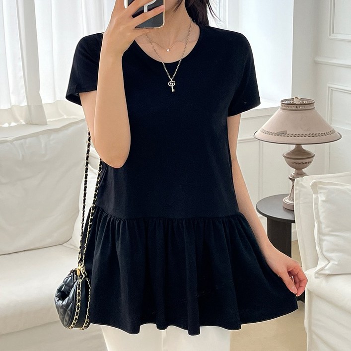 디아미뇽 벨리아 무지 프릴 라운드넥 레이어드 반팔티