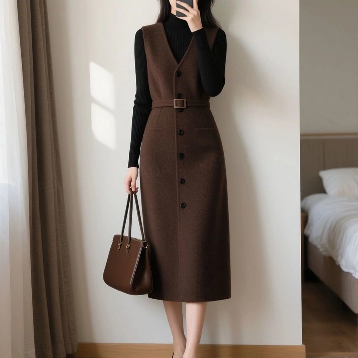 AOKADA 여성 가을 겨울 슬림핏 브이넥 민소매 하객룩 오피스룩 롱원피스