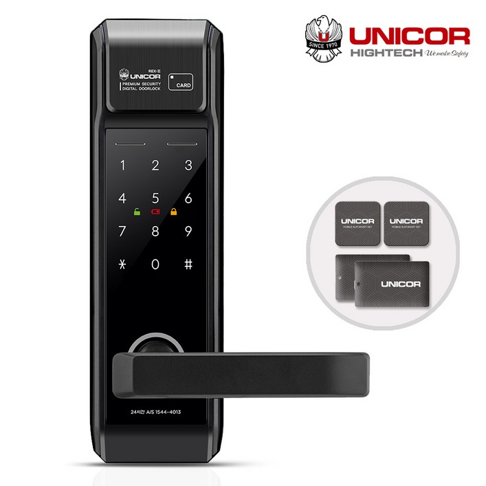 유니코 렉스2 REXII 무타공 도어록 카드키4개번호키 0초즉시잠김 잠김속도조절 이중인증변경가능 내외부강제잠금 마스터번호카드기능 허수기능 현관문 방화문 디지털도어락, 고객직접설치, 유니코 렉스2