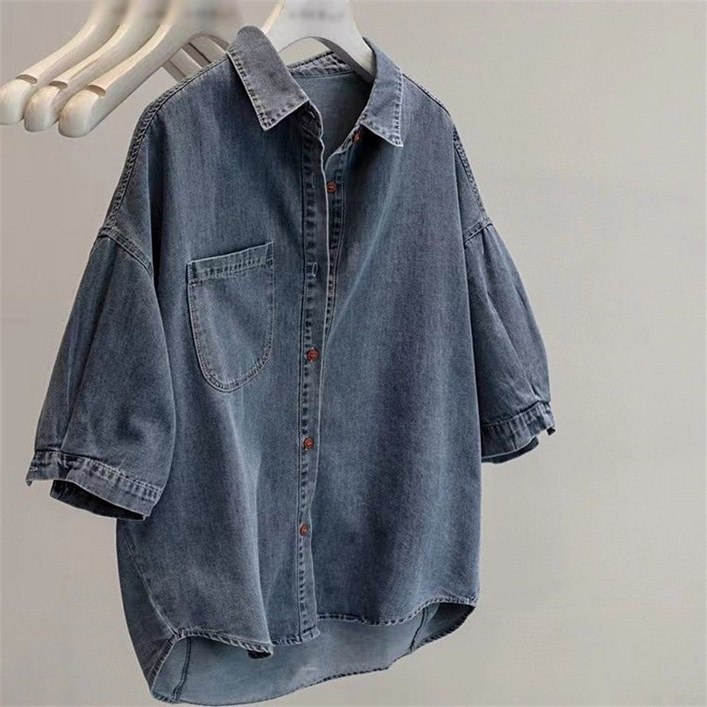 2color 여성 여름 오버핏 반팔 데님남방 캐주얼 데님 청 셔츠 블라우스 여자 반팔셔츠 빅사이즈