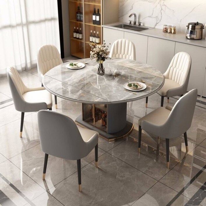 세라믹상판 8인용 확장형 4인용 원형 식탁 밝은 마일드 락 보드 턴테이블 다기능 가정용 고급 테이블 및 의자 조합 가구, 3.12m and 6 chair