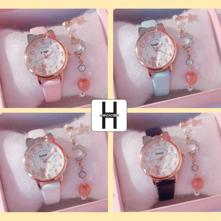 어썸H 패션 손목 시계 고양이 리본 심플 큰 숫자 디자인 여학생 시험