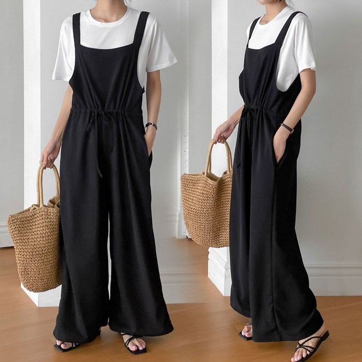 마더라이크 여성 터널 끈 와이드 점프수트 임산부 멜빵바지