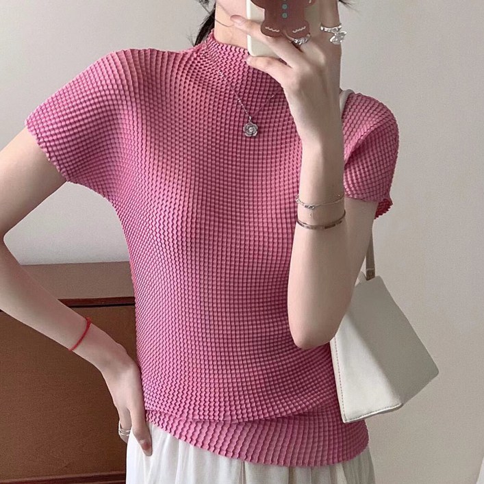 고급 주름 톱 여성 여름 신상 슬림 스판 반팔 티셔츠 FC6166