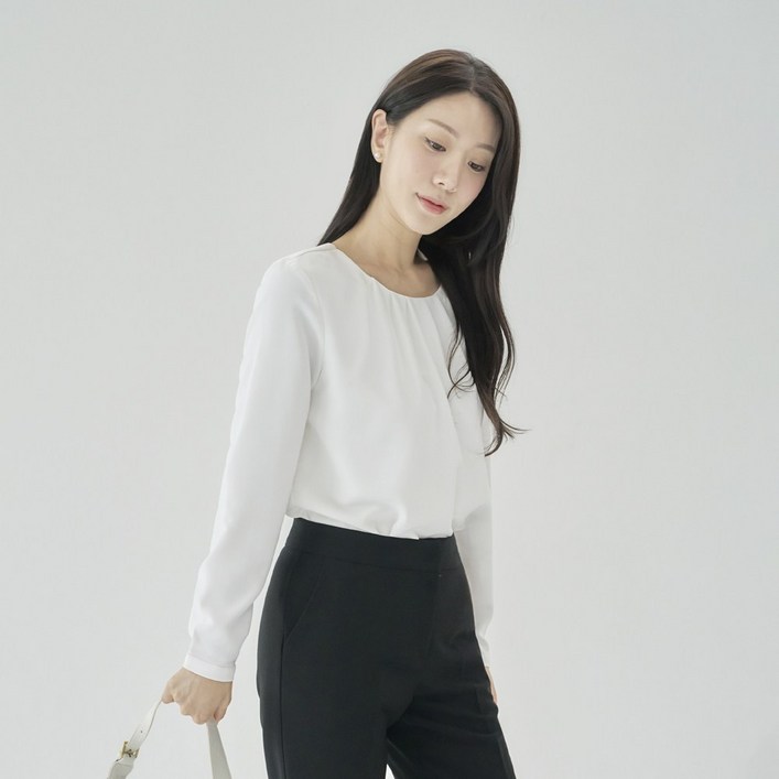 비침없는 두겹 셔링 라운드 블라우스 정장 기본 면접 쉬폰 긴팔 빅사이즈