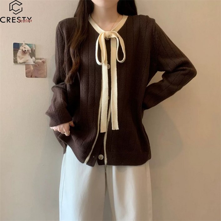 크레스티 여성 루즈핏 긴팔 리본 니트 가을 겨울 소프트 브이넥 단추 카디건