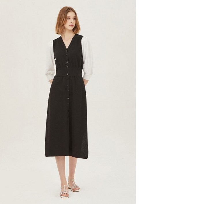 시슬리 SISLEY  슬리브 배색 롱 원피스 SAKOC1331 BK
