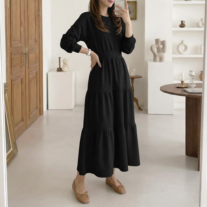 데일리앤 데이린 캉캉 맨투맨 꾸안꾸 캐주얼 봄 가을 허리밴딩 긴팔 롱원피스 맘룩 홈웨어