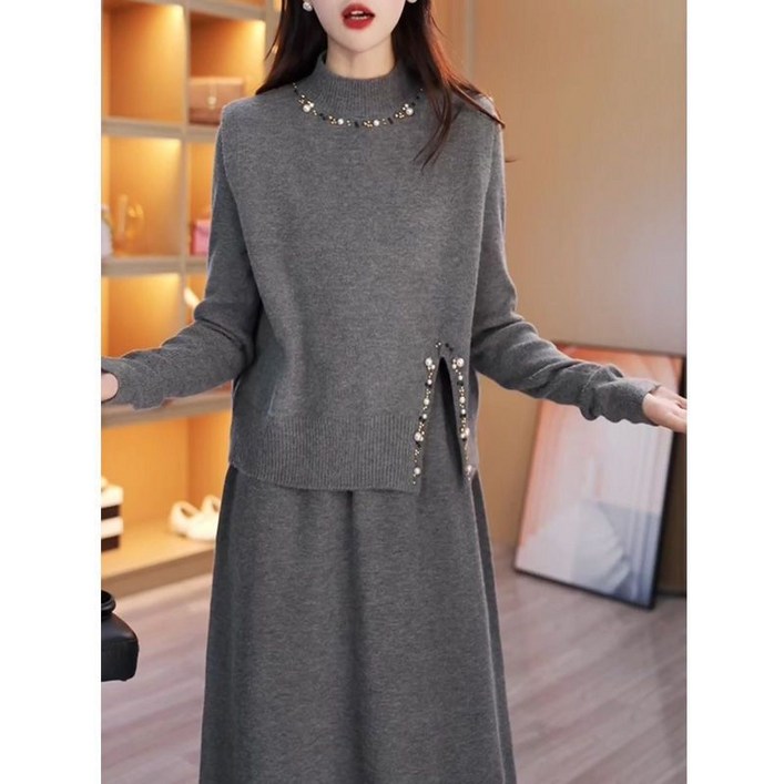 Neirny 중년 여성 니트 원피스 투피스 엄마 가을 겨울 롱원피스 여성스러운 코트 스웨터 빅사이즈 루프핏 데일리 스커트