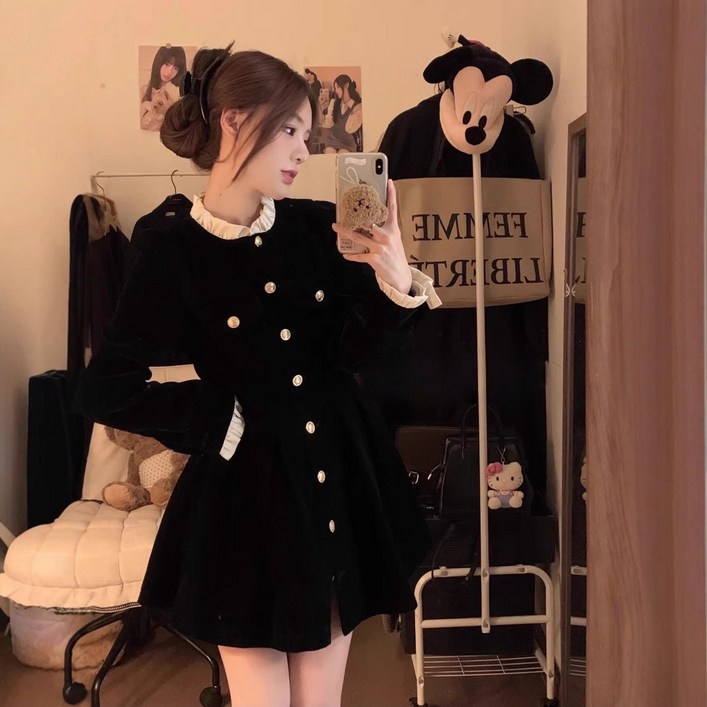 ANYOU 여성 원피스 패션 프릴 칼라 소매 원피스 슬림핏 데일리룩 하객룩