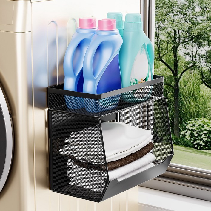 VANKIN 세탁기 자석 측면 수납 선반 세탁세제 수납 선반, 검은색, 소형대형 세트