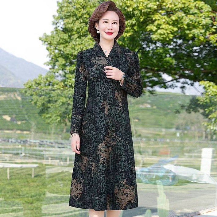 AURALA  중장년 엄마 원피스 가을 빅사이즈 루즈핏 브이넥 패션 프린트 전원풍 긴팔 롱스커트 50~60대 엄마옷  L0928-01