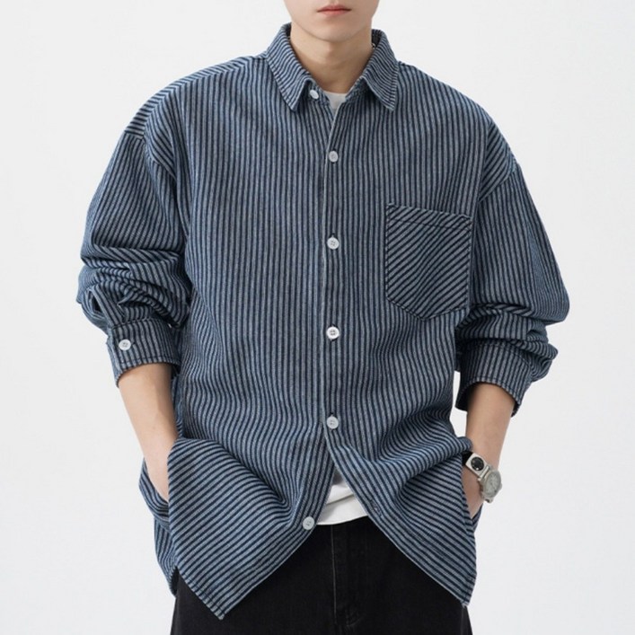 POMTOR 남성 봄 가을 긴팔 캐주얼 루즈핏 스트라이프 데님 셔츠
