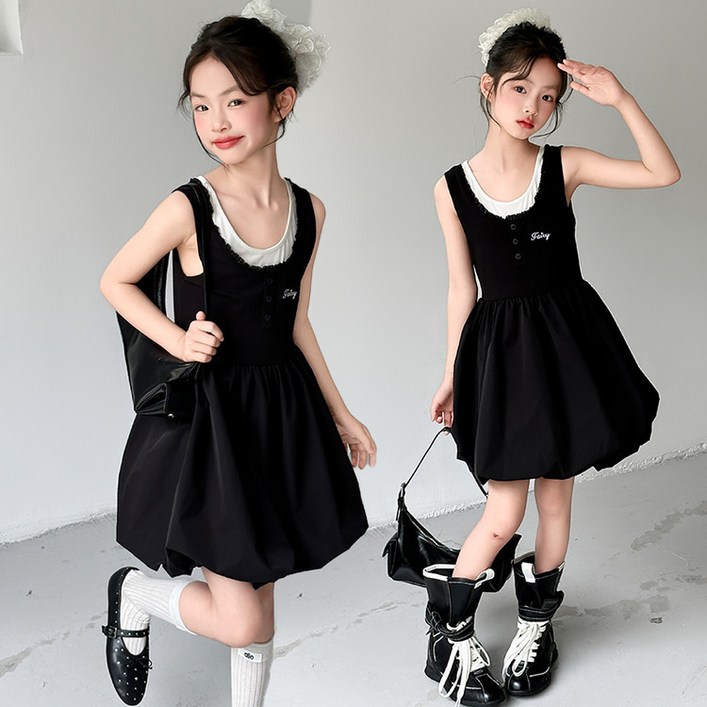 슈가푸딩 주니어 페어리 블랙 나시 원피스 초등학생 중학생 여아원피스 주니어바캉스룩 뷔스티에 블랙원피스 휴가룩