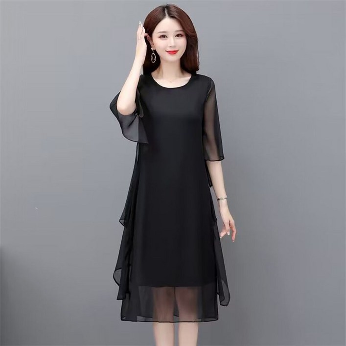 지고다그 여름 플러스사이즈 중장기장 쉬폰 롱원피스 엄마 검정색 넉넉핏 여성 슬림핏 원피스 ZXC40795