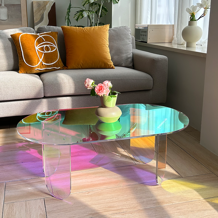 ARTLOGE 아크릴 홀로그램 테이블 거실 테이블 타원형 무지개 테이블  PVC 매트
