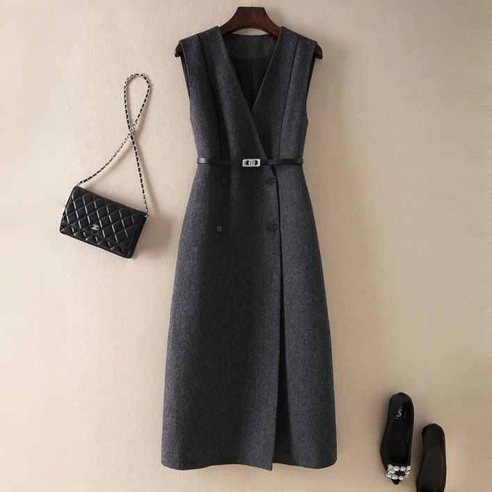 AOKADA 여성 가을 겨을 오피스룩 결혼식 하객룩 민소매 롱 원피스