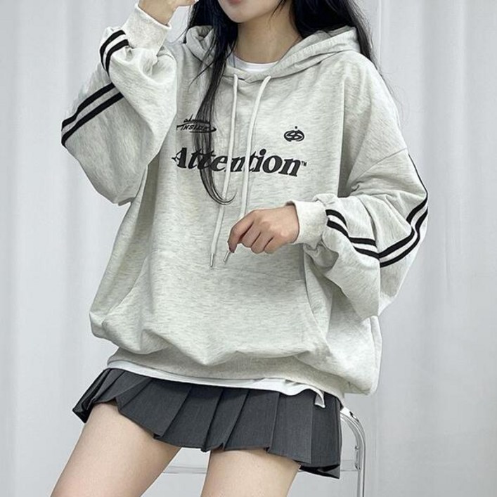 핏보장 어텐션 라인 후드티 3컬러 루즈핏 레터링 트랙 여성 빅사이즈 기모 오버핏 레터링 두줄 학생 교복 겨울 봄 가을