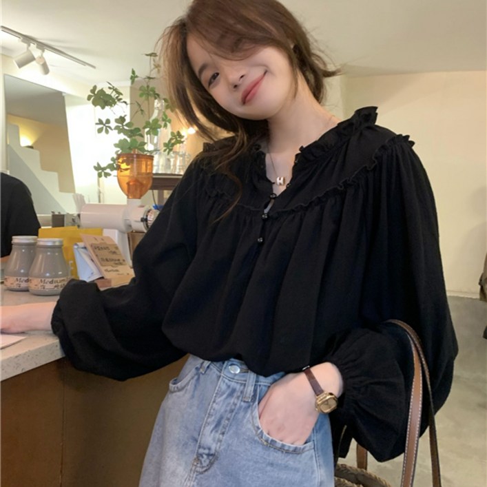 제이로그 프릴 퍼프 버튼 블라우스 셔츠 소이버튼BL
