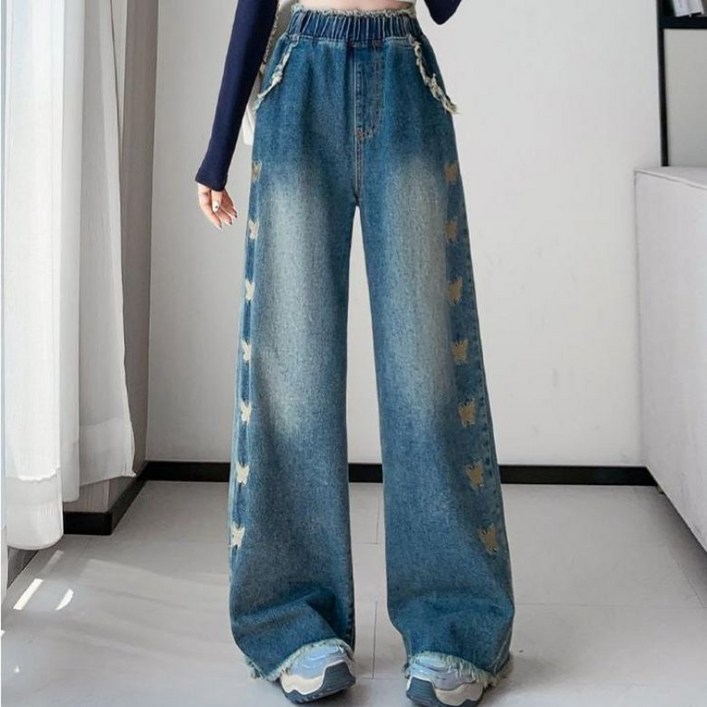PEROLA 여성 찢어진 찢청 봄 가을 자수 허리밴딩 와이드 청바지 루즈핏 캐주얼 일자 데님 팬츠