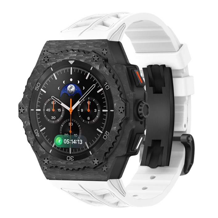 삼성 갤럭시워치8 클래식 호환 카본 일체형 탄소섬유 케이스 + 플루오로고무 밴드 풀커버 보호 스트랩 세트 44mm/46mm, 화이트