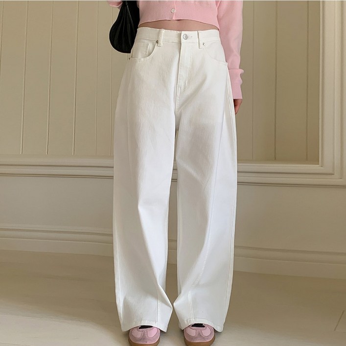 빅걸스토리 여성 빅사이즈 화이트 옆 절개라인 와이드 면 팬츠