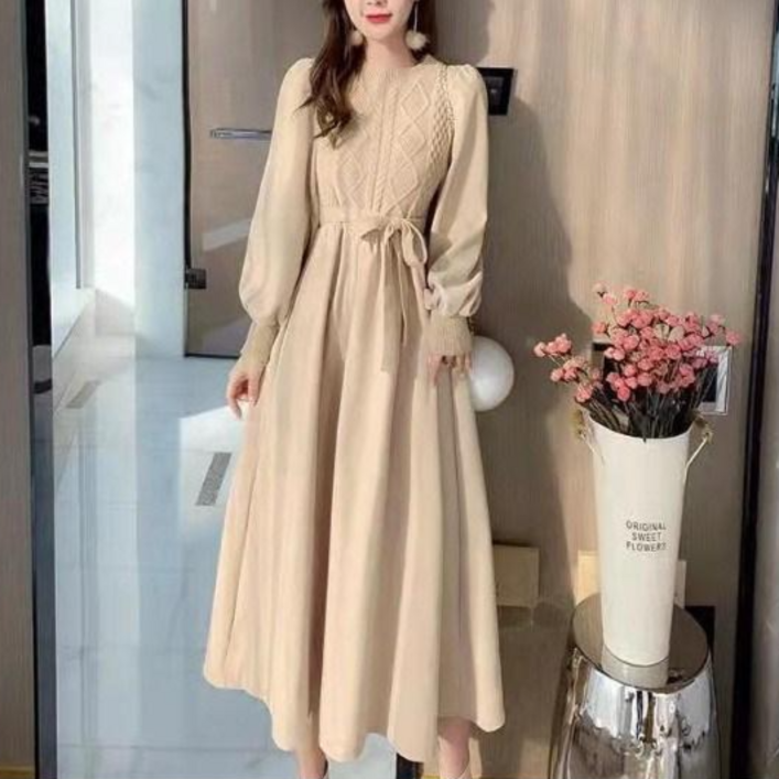 서진맘 여성 캐주얼 꽈배기 패턴 퍼프소매 니트 롱 원피스 하객룩