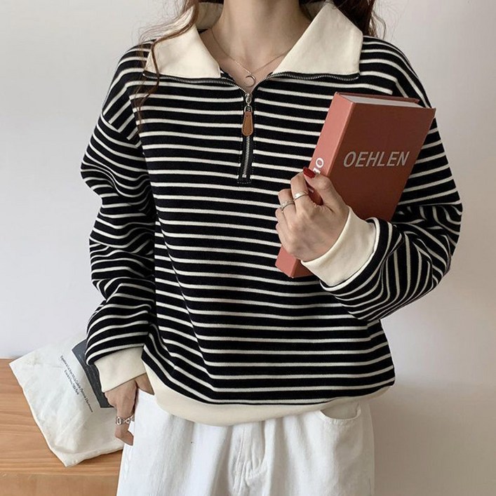 페이준 여성 스트라이프 반집업 맨투맨 빅사이즈 칼라 맨투맨 루즈핏 PIZ163