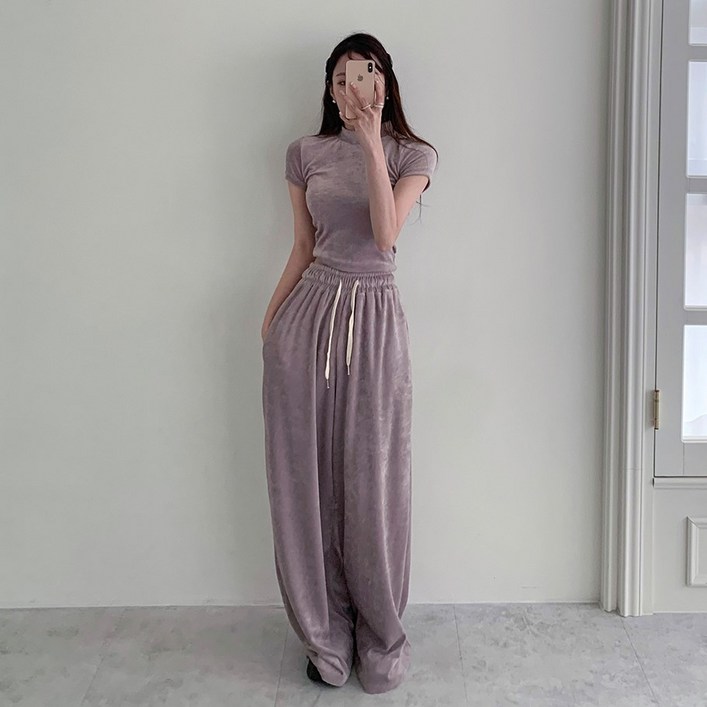 벨벳 트레이닝 세트 벨로아 반팔 와이드팬츠 셋업