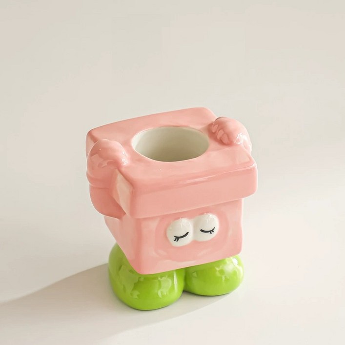 시웨이 캐릭터 칫솔꽂이 세라믹 물빠짐 칫솔홀더 욕실 인테리어 소품, 핑크, 1개
