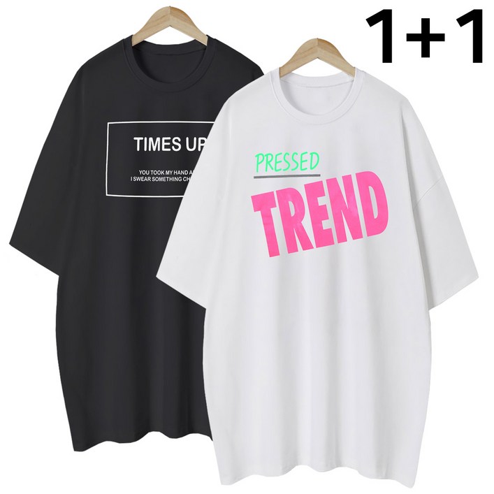 엠제이스타 11 여성 트렌디타임업 여름 반팔 루즈핏 롱 레터링 티셔츠 2P