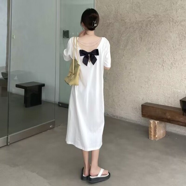 해피유통 여성 여름 봄용 간편한 스타일 편안한 면 소재 등 뒤 리본 장식 긴 드레스 lmy