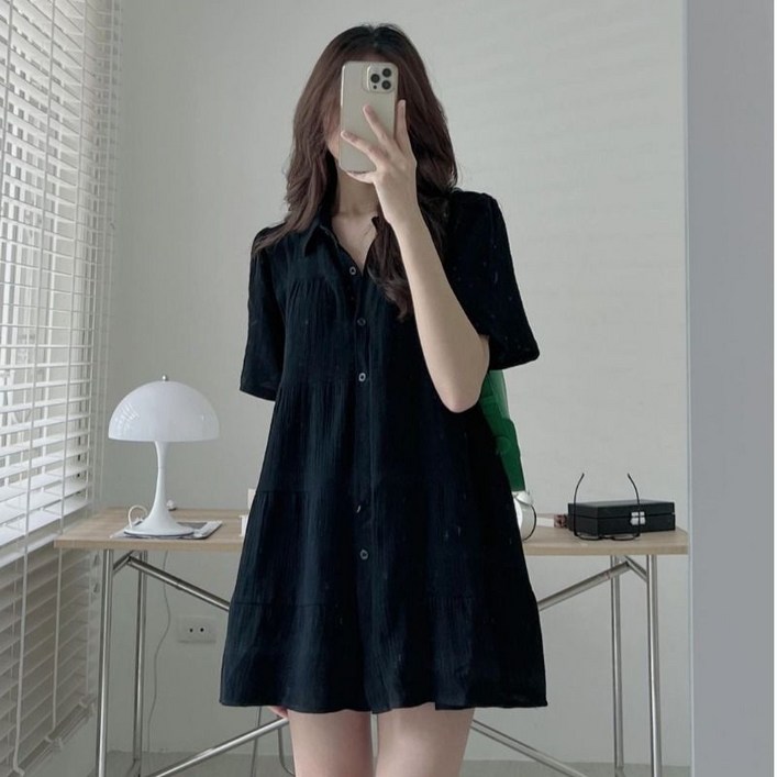 해피유통 여성 여름 캐주얼 레이어드 플레어 버튼 반팔 셔츠원피스 면 lmy