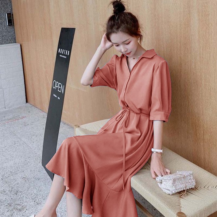 비아이와이 여성 여름 심플 브이넥 솔리드 반팔 원피스 DH633