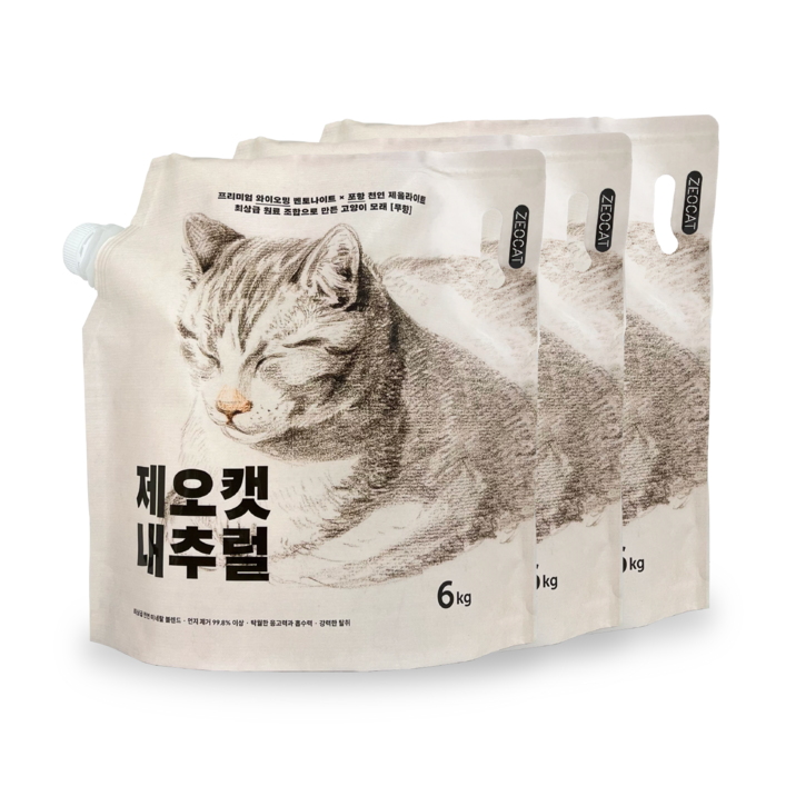 제오캣 내추럴 벤토나이트 고양이 모래 무향, 6kg, 3개