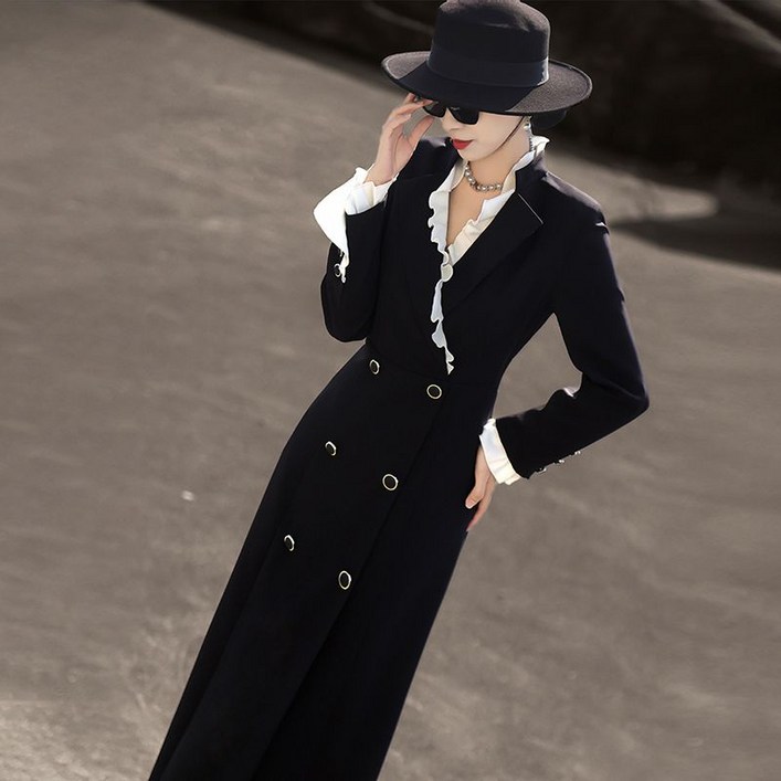 여성 봄 정장 원피스 우아한 더블 롱 재킷 드레스 여자 패션 브이넥 롱 원피스 YLP